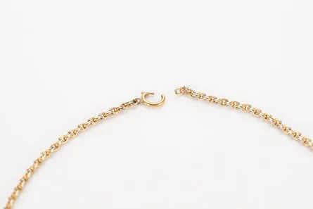 A gold chain with its open clasp photographed in close up